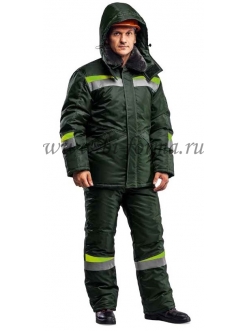 Костюм мужской куртка/полукомбинезон "КОМФОРТ" (темно-зеленый/неоновый) Класс защиты: 2 (III климатический пояс). 